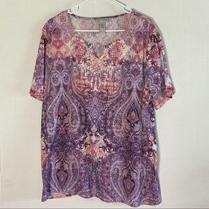 Catherine’s 1X Indian-inspired purple print tee